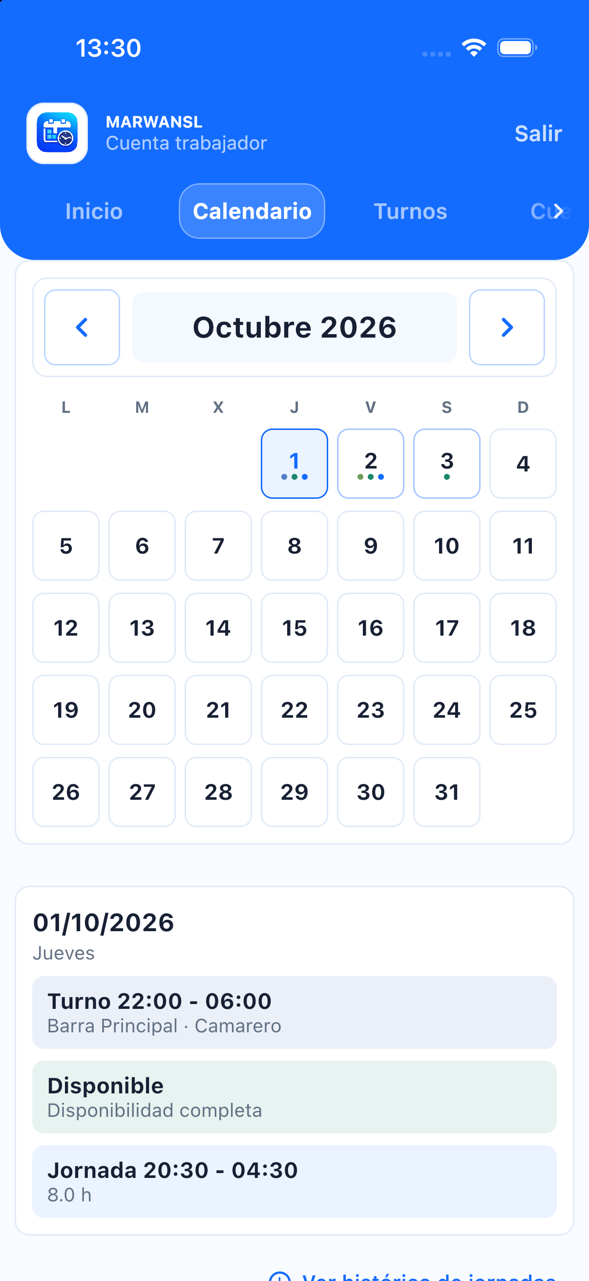 Calendario de turnos y disponibilidad en Turito