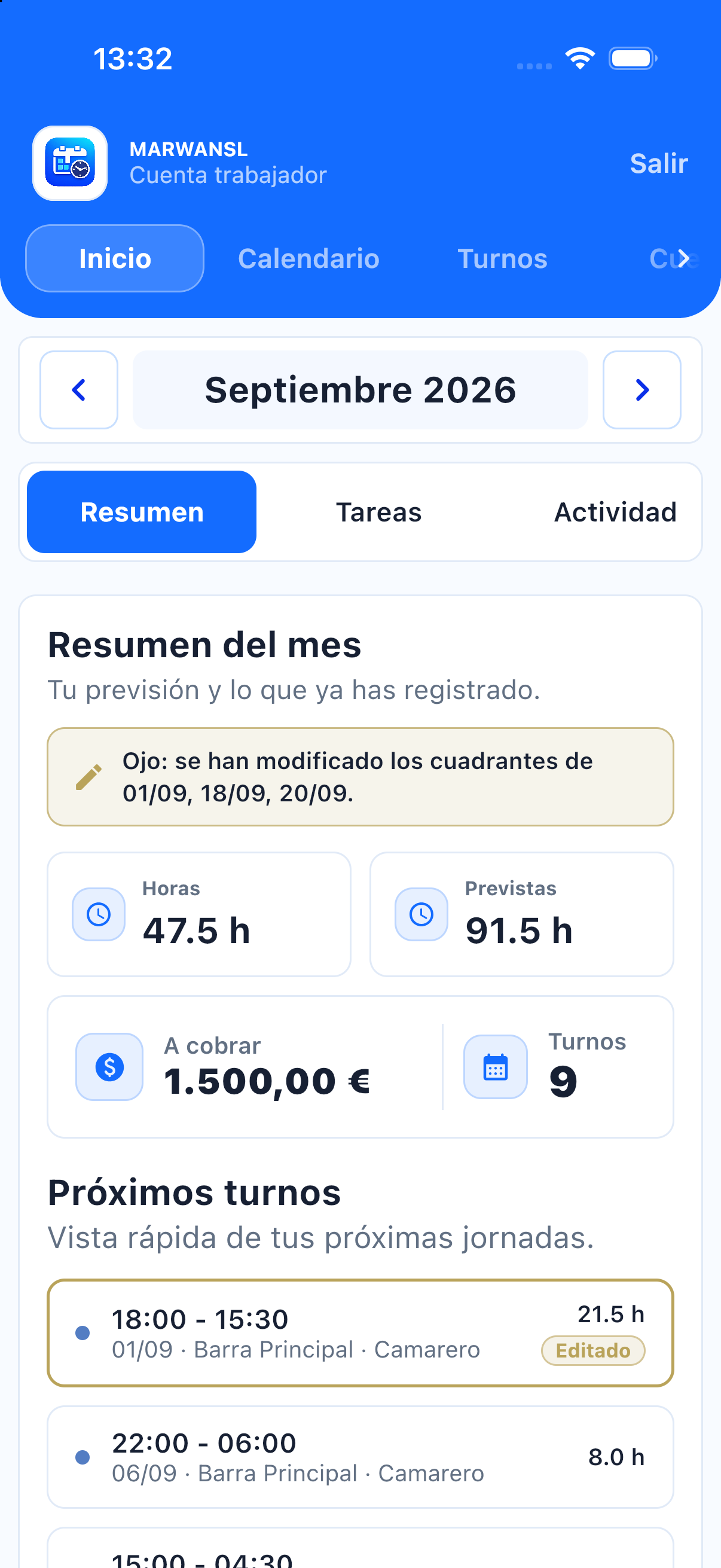 Pantalla de inicio de Turito con el resumen del mes